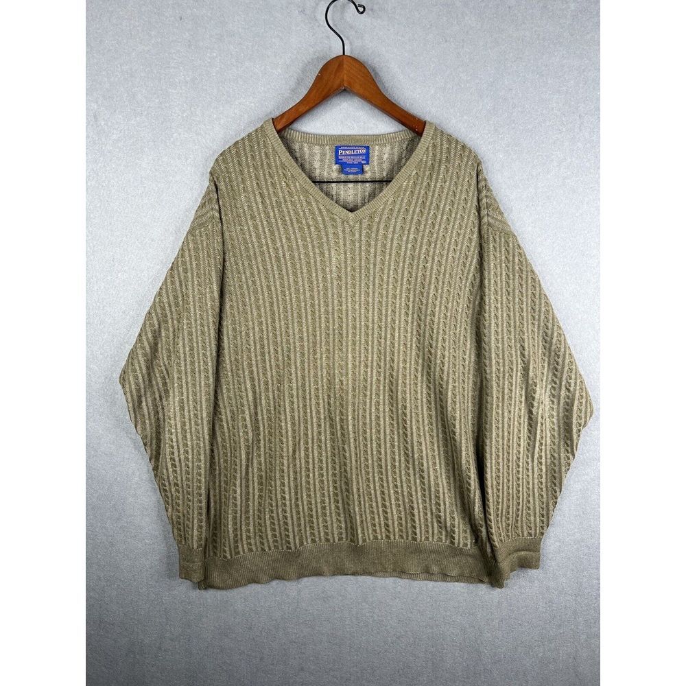 PENDLETON V Neck Cable Knit Cotton Jumper Sweater‎ Men Size XL Khaki Hong Kong